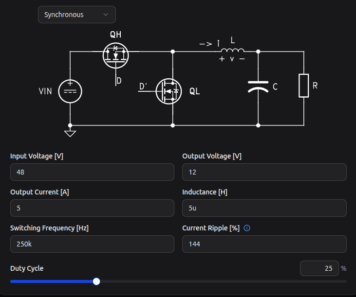 Buck converter schematic with interactive parameters